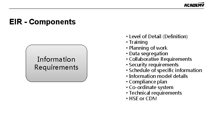 EIR - Components Information Requirements • Level of Detail (Definition) • Training • Planning EIR - Components Information Requirements • Level of Detail (Definition) • Training • Planning