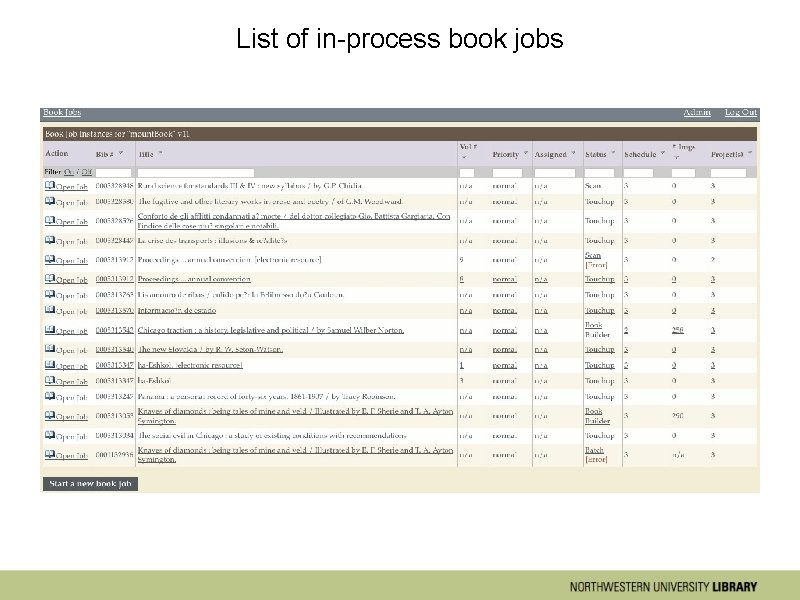 List of in-process book jobs 