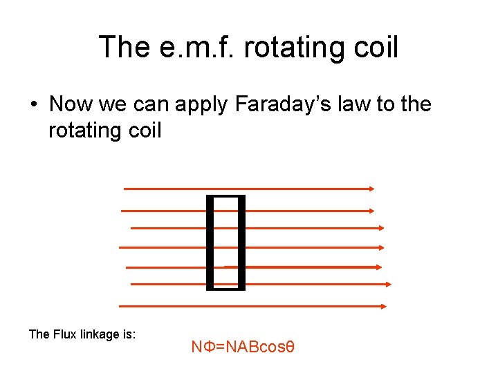 The e. m. f. rotating coil • Now we can apply Faraday’s law to