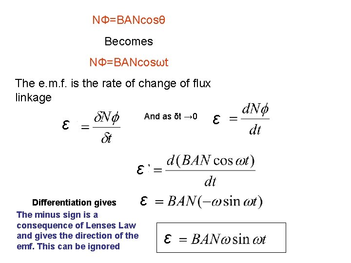 NФ=BANcosθ Becomes NФ=BANcosωt The e. m. f. is the rate of change of flux