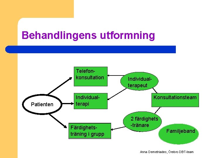 Behandlingens utformning Telefonkonsultation Patienten Individuell Individualterapi Färdighetsträning Färdighetsi grupp träning i grupp Individual. Terapeut