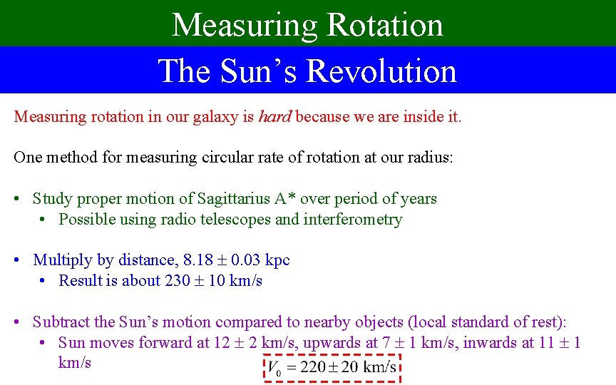 Measuring Rotation The Sun’s Revolution Measuring rotation in our galaxy is hard because we