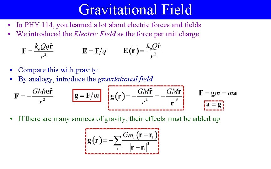Gravitational Field • In PHY 114, you learned a lot about electric forces and
