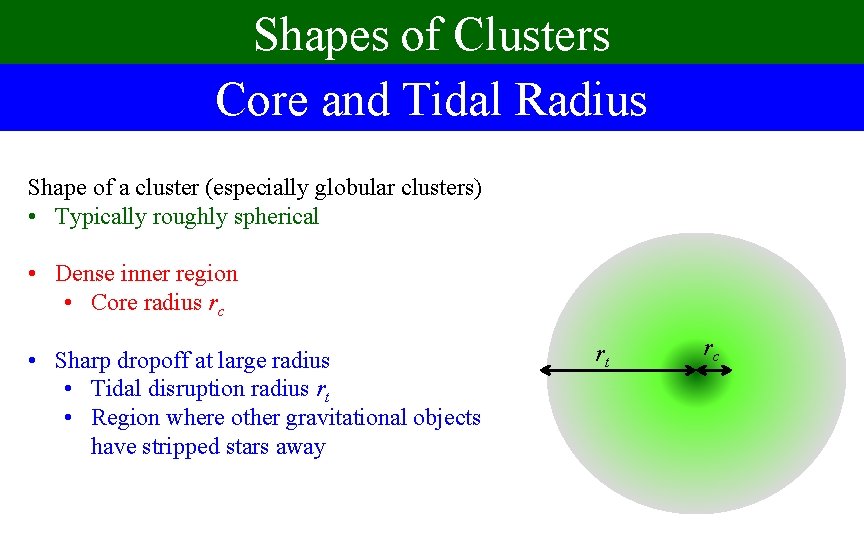 Shapes of Clusters Core and Tidal Radius Shape of a cluster (especially globular clusters)