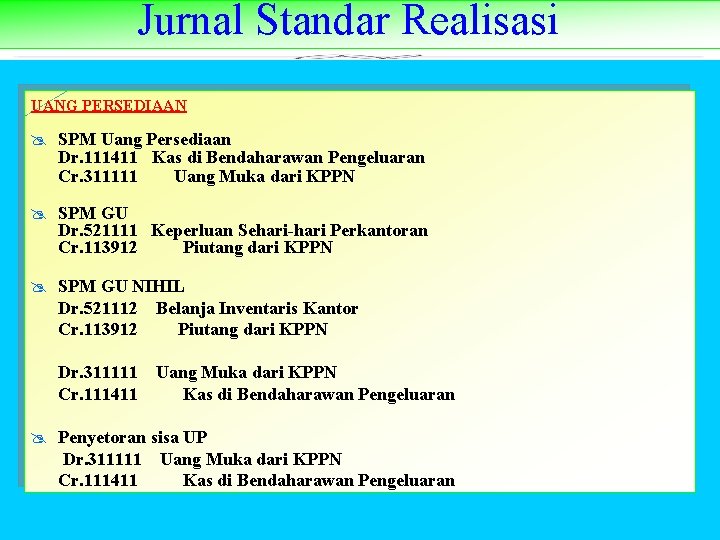 Jurnal Standar Realisasi UANG PERSEDIAAN @ SPM Uang Persediaan Dr. 111411 Kas di Bendaharawan