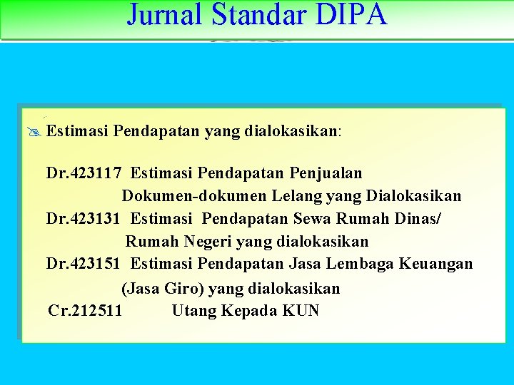 Jurnal Standar DIPA @ Estimasi Pendapatan yang dialokasikan: Dr. 423117 Estimasi Pendapatan Penjualan Dokumen-dokumen