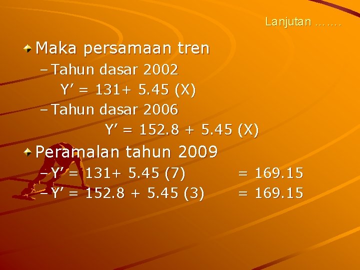 Lanjutan ……. Maka persamaan tren – Tahun dasar 2002 Y’ = 131+ 5. 45