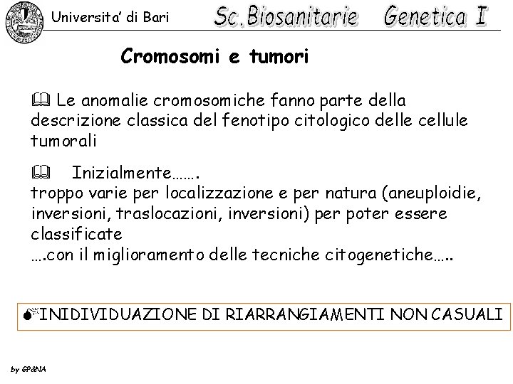 Universita’ di Bari Cromosomi e tumori & Le anomalie cromosomiche fanno parte della descrizione