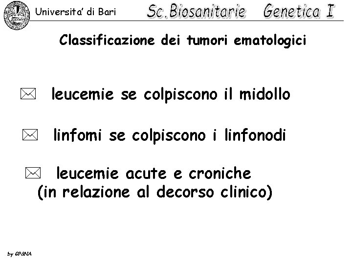 Universita’ di Bari Classificazione dei tumori ematologici * leucemie se colpiscono il midollo *