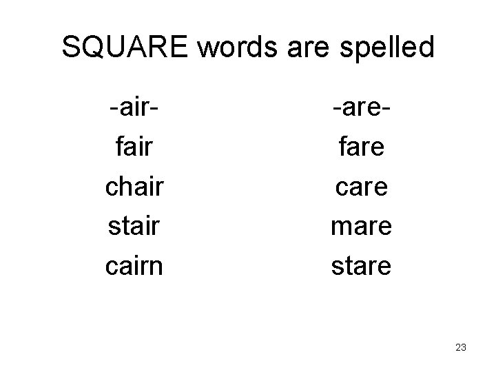 SQUARE words are spelled -airfair chair stair cairn -arefare care mare stare 23 
