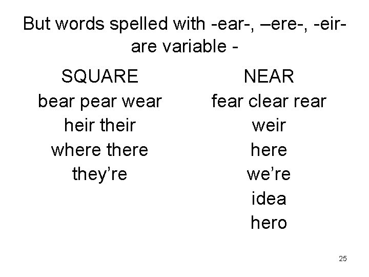 But words spelled with -ear-, –ere-, -eirare variable SQUARE bear pear wear heir their