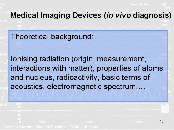 Medical Imaging Devices (in vivo diagnosis) Theoretical background: Ionising radiation (origin, measurement, interactions with