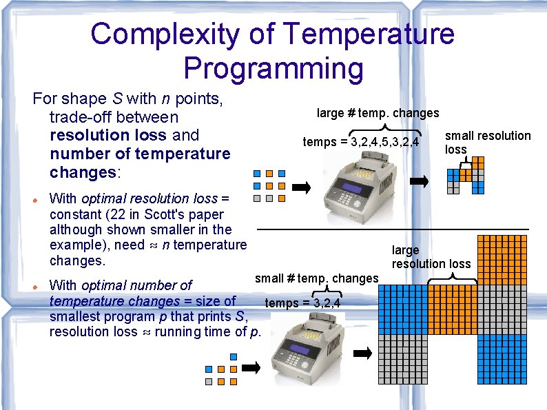 Complexity of Temperature Programming For shape S with n points, trade-off between resolution loss