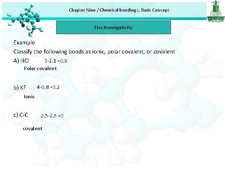 Chapter Nine / Chemical bonding I, Basic Concept Electronegativity Example Classify the following bonds