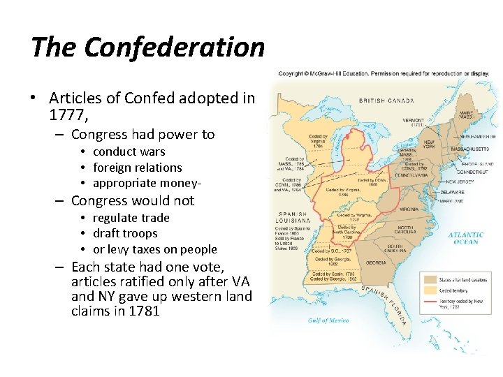 The Confederation • Articles of Confed adopted in 1777, – Congress had power to