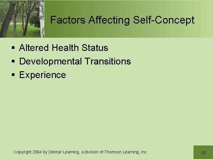 Factors Affecting Self-Concept § Altered Health Status § Developmental Transitions § Experience Copyright 2004