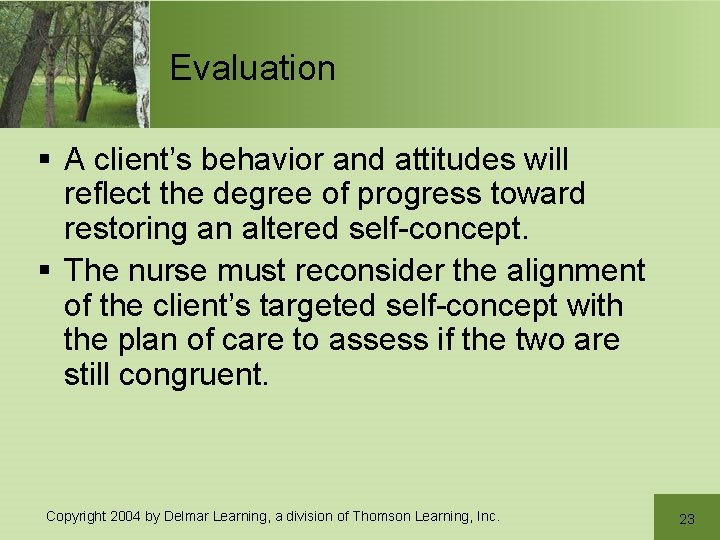 Evaluation § A client’s behavior and attitudes will reflect the degree of progress toward