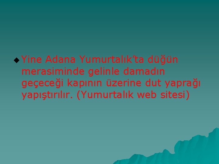 u Yine Adana Yumurtalık’ta düğün merasiminde gelinle damadın geçeceği kapının üzerine dut yaprağı yapıştırılır.