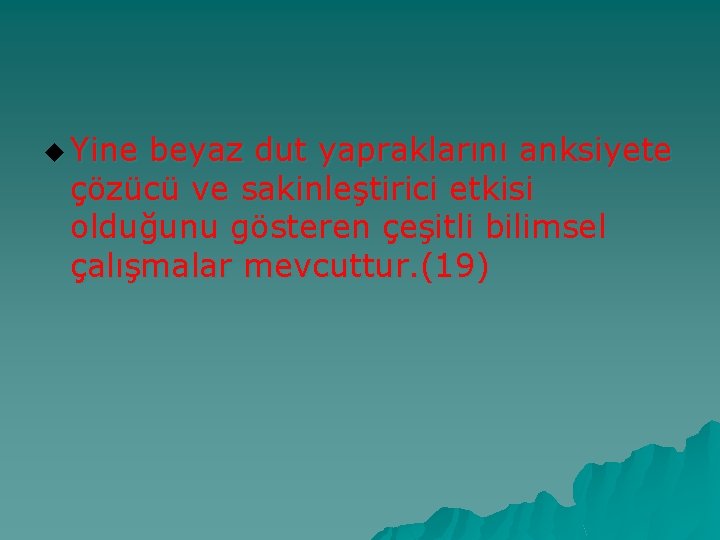 u Yine beyaz dut yapraklarını anksiyete çözücü ve sakinleştirici etkisi olduğunu gösteren çeşitli bilimsel