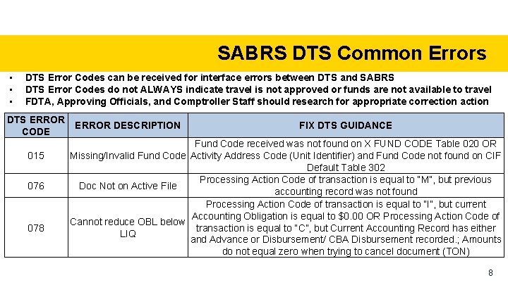 SABRS DTS Common Errors • • • DTS Error Codes can be received for