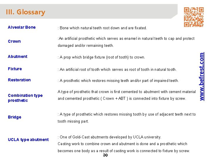 III. Glossary Crown : Bone which natural teeth root down and are fixated. :