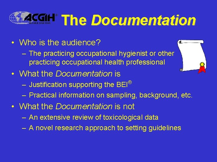 The Documentation • Who is the audience? – The practicing occupational hygienist or other