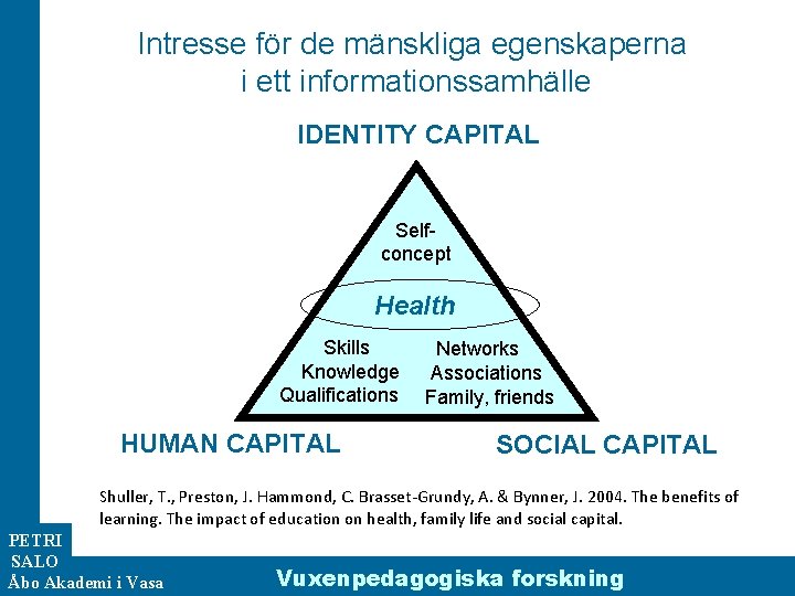Intresse för de mänskliga egenskaperna i ett informationssamhälle IDENTITY CAPITAL Selfconcept Health Skills Networks