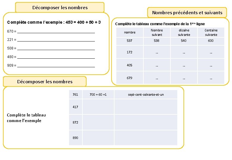 Décomposer les nombres Nombres précédents et suivants Complète comme l’exemple : 453 = 400