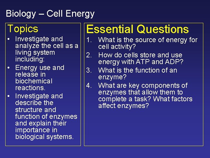 Biology – Cell Energy Topics • Investigate and analyze the cell as a living