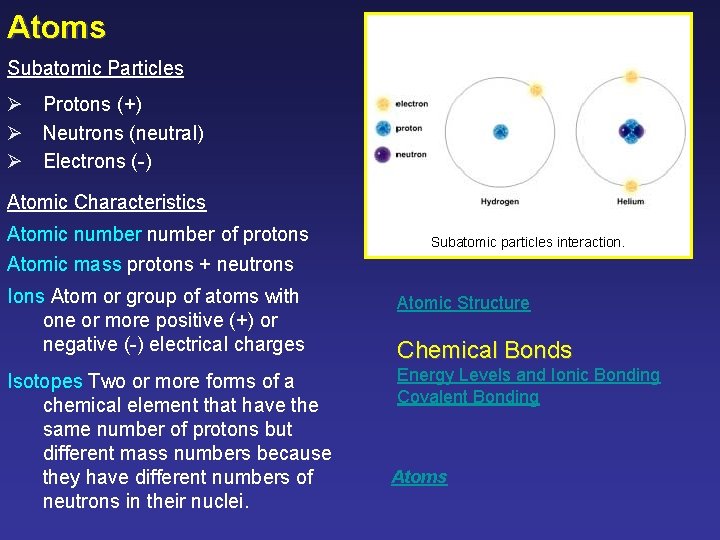 Atoms Subatomic Particles Ø Protons (+) Ø Neutrons (neutral) Ø Electrons (-) Atomic Characteristics
