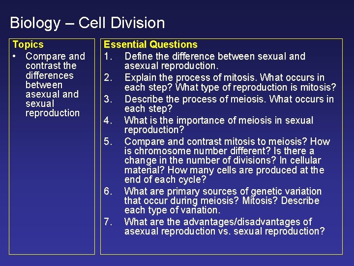 Biology – Cell Division Topics • Compare and contrast the differences between asexual and
