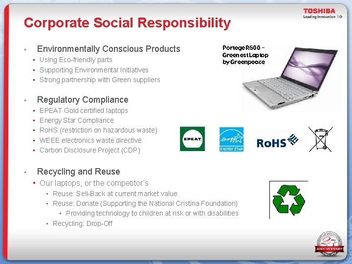 Corporate Social Responsibility Environmentally Conscious Products • • Using Eco-friendly parts • Supporting Environmental