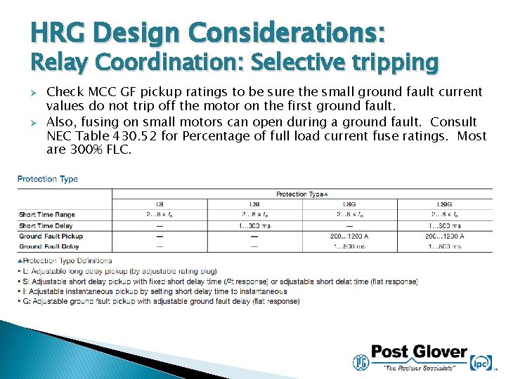 HRG Design Considerations: Relay Coordination: Selective tripping Ø Ø Check MCC GF pickup ratings