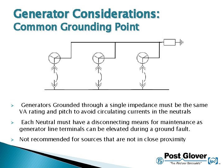 Generator Considerations: Common Grounding Point Ø Ø Ø Generators Grounded through a single impedance