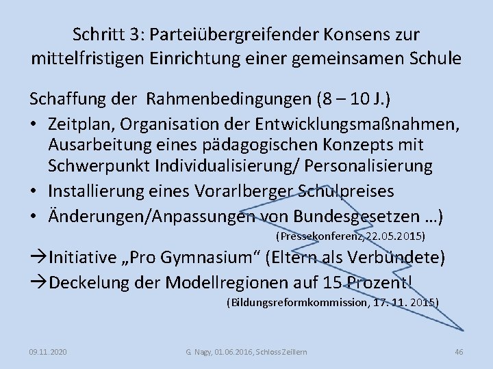 Schritt 3: Parteiübergreifender Konsens zur mittelfristigen Einrichtung einer gemeinsamen Schule Schaffung der Rahmenbedingungen (8