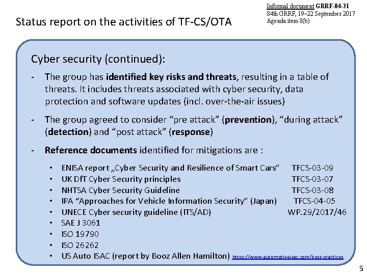 Status report on the activities of TF-CS/OTA Informal document GRRF-84 -31 84 th GRRF,