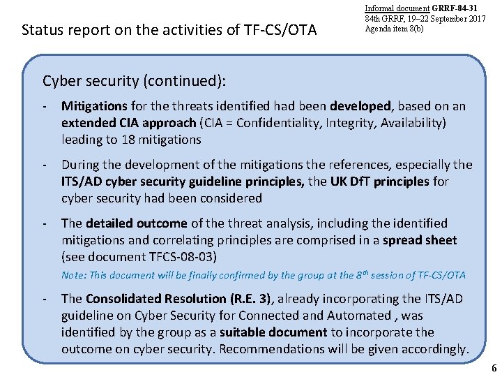 Status report on the activities of TF-CS/OTA Informal document GRRF-84 -31 84 th GRRF,