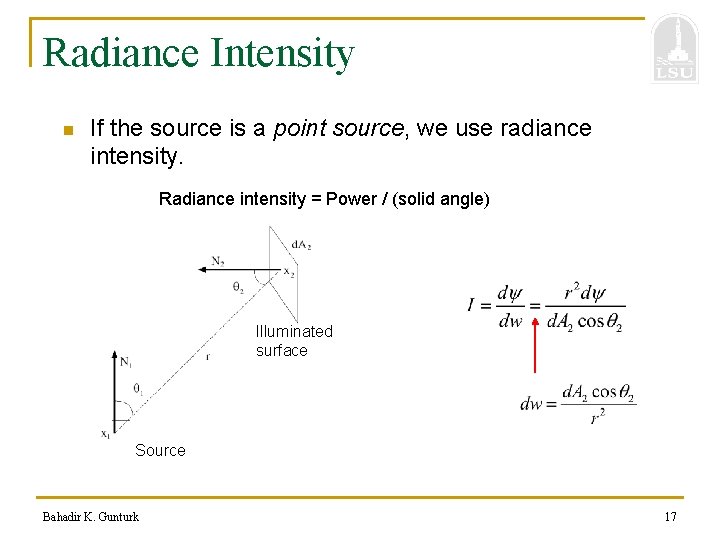 Radiance Intensity n If the source is a point source, we use radiance intensity.