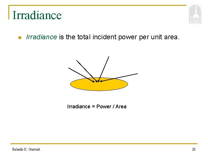 Irradiance n Irradiance is the total incident power per unit area. Irradiance = Power