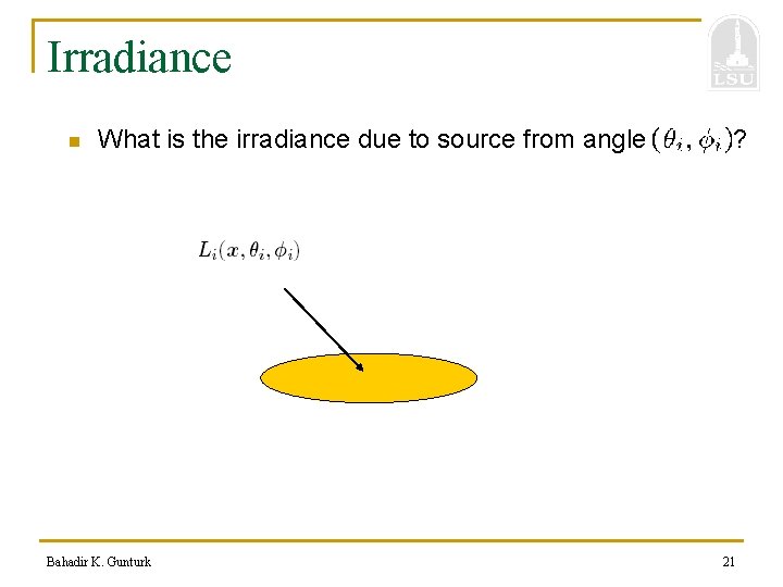 Irradiance n What is the irradiance due to source from angle Bahadir K. Gunturk