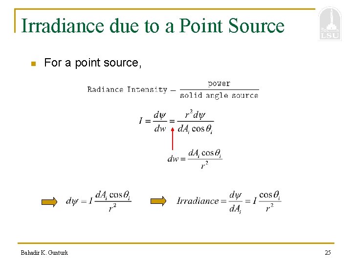 Irradiance due to a Point Source n For a point source, Bahadir K. Gunturk