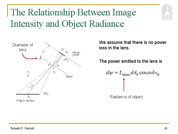 The Relationship Between Image Intensity and Object Radiance Diameter of lens We assume that