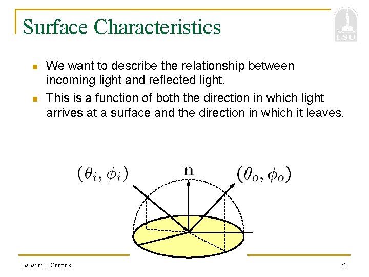 Surface Characteristics n n We want to describe the relationship between incoming light and