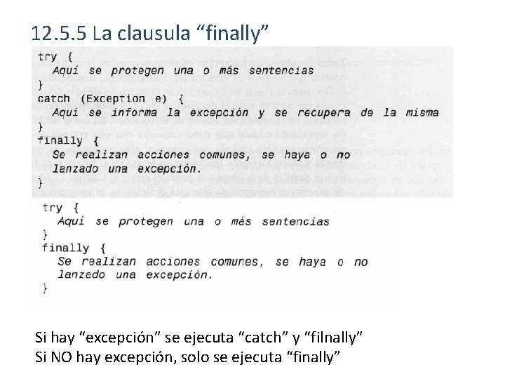 12. 5. 5 La clausula “finally” Si hay “excepción” se ejecuta “catch” y “filnally”