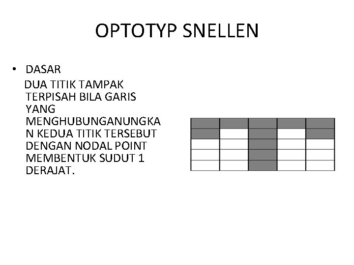 OPTOTYP SNELLEN • DASAR DUA TITIK TAMPAK TERPISAH BILA GARIS YANG MENGHUBUNGANUNGKA N KEDUA