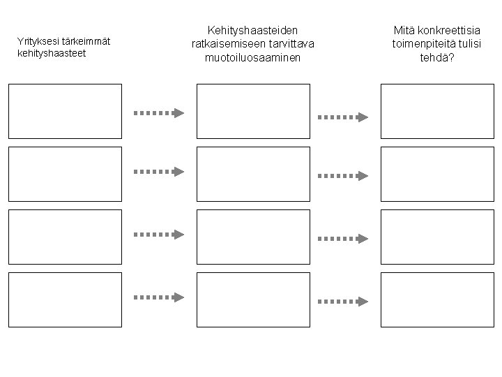 Yrityksesi tärkeimmät kehityshaasteet Kehityshaasteiden ratkaisemiseen tarvittava muotoiluosaaminen Mitä konkreettisia toimenpiteitä tulisi tehdä? 