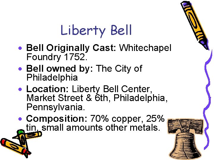 Liberty Bell · Bell Originally Cast: Whitechapel Foundry 1752. · Bell owned by: The