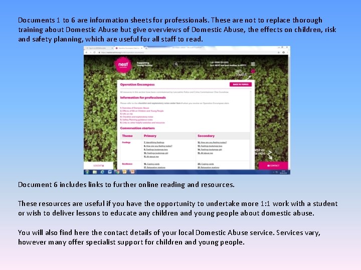 Documents 1 to 6 are information sheets for professionals. These are not to replace Documents 1 to 6 are information sheets for professionals. These are not to replace