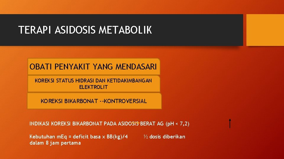 TERAPI ASIDOSIS METABOLIK OBATI PENYAKIT YANG MENDASARI KOREKSI STATUS HIDRASI DAN KETIDAKIMBANGAN ELEKTROLIT KOREKSI