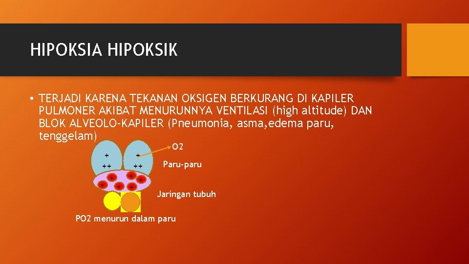 HIPOKSIA HIPOKSIK • TERJADI KARENA TEKANAN OKSIGEN BERKURANG DI KAPILER PULMONER AKIBAT MENURUNNYA VENTILASI